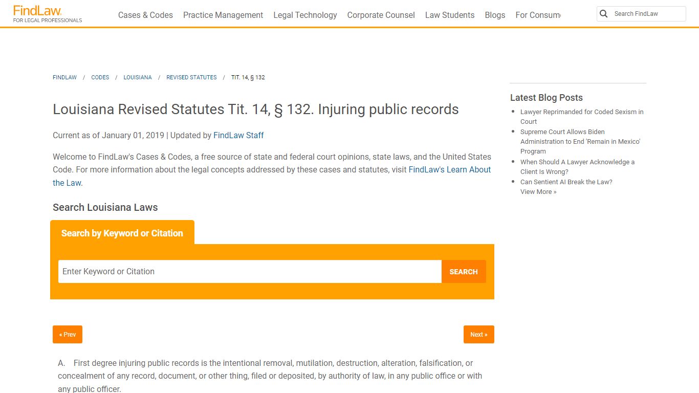 Louisiana Revised Statutes Tit. 14, § 132 | FindLaw