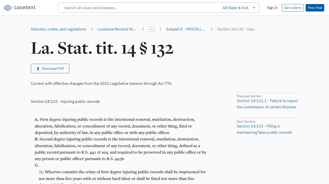 Section 14:132 - Injuring public records, La. Stat. tit. 14 § 132 ...