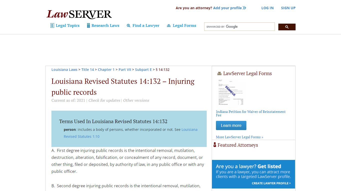 Louisiana Revised Statutes 14:132 – Injuring public records